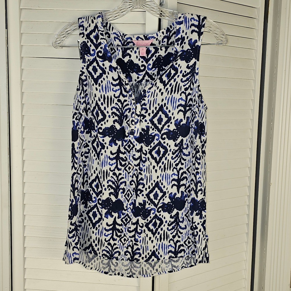 Lilly Pulitzer Blue Ikat Tons Of Fun Navy White‎ Larissah Sleeveless Top XS